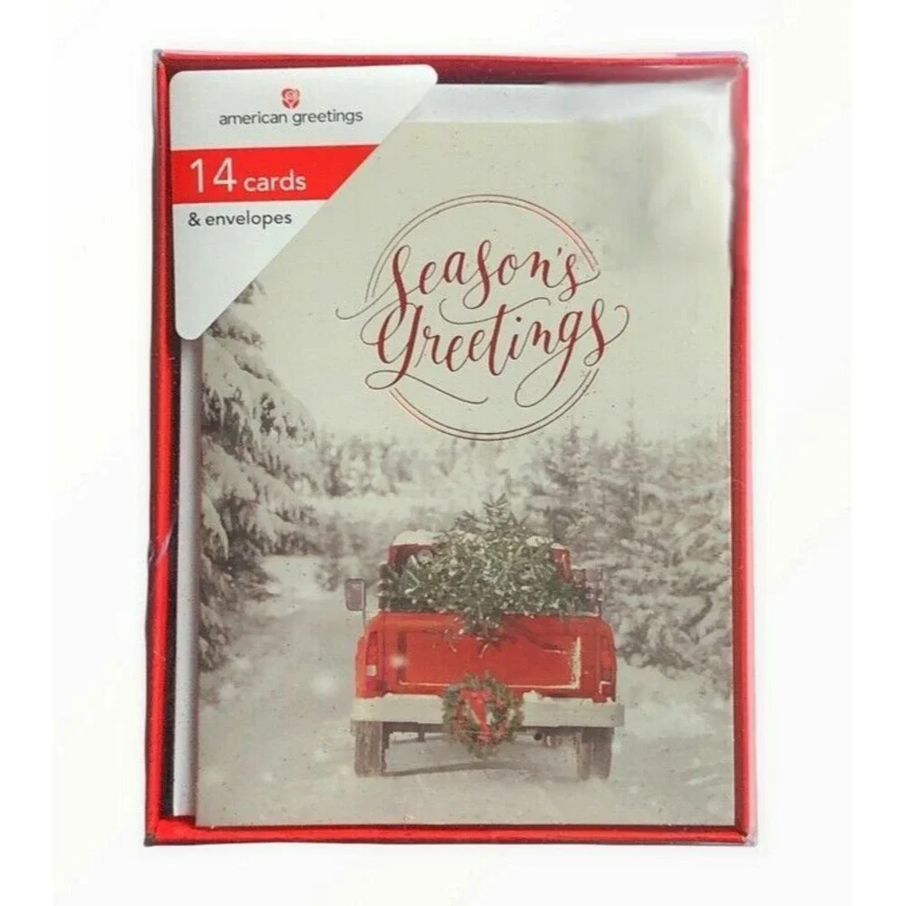 American Greetings Christmas Cards Red Farm Truck Boxed 14 Cards Envelopes 4x5